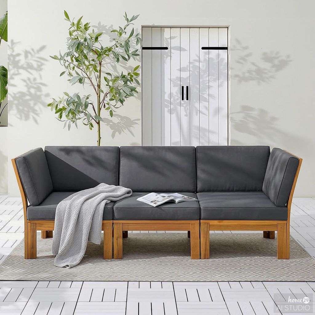 LOUNGESOFA - Webstoff / Akazie massiv - 3-teilig