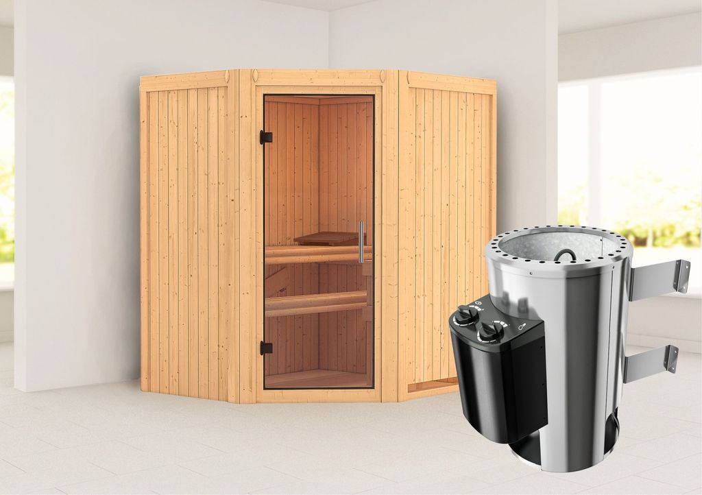 Karibu Sauna Innensauna Tonja Eckeinstieg Ofen 3,6 kW intgr. Strg 170x151x198 cm ohne Dachkranz mit Klarglastür