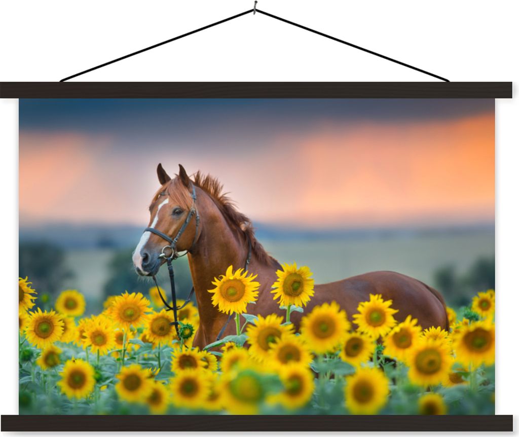 MuchoWow Textilposter Pferd - Sonnenblume - Himmel - Pastell 120x80 cm mit schwarzem Rahmen - Wanddeko