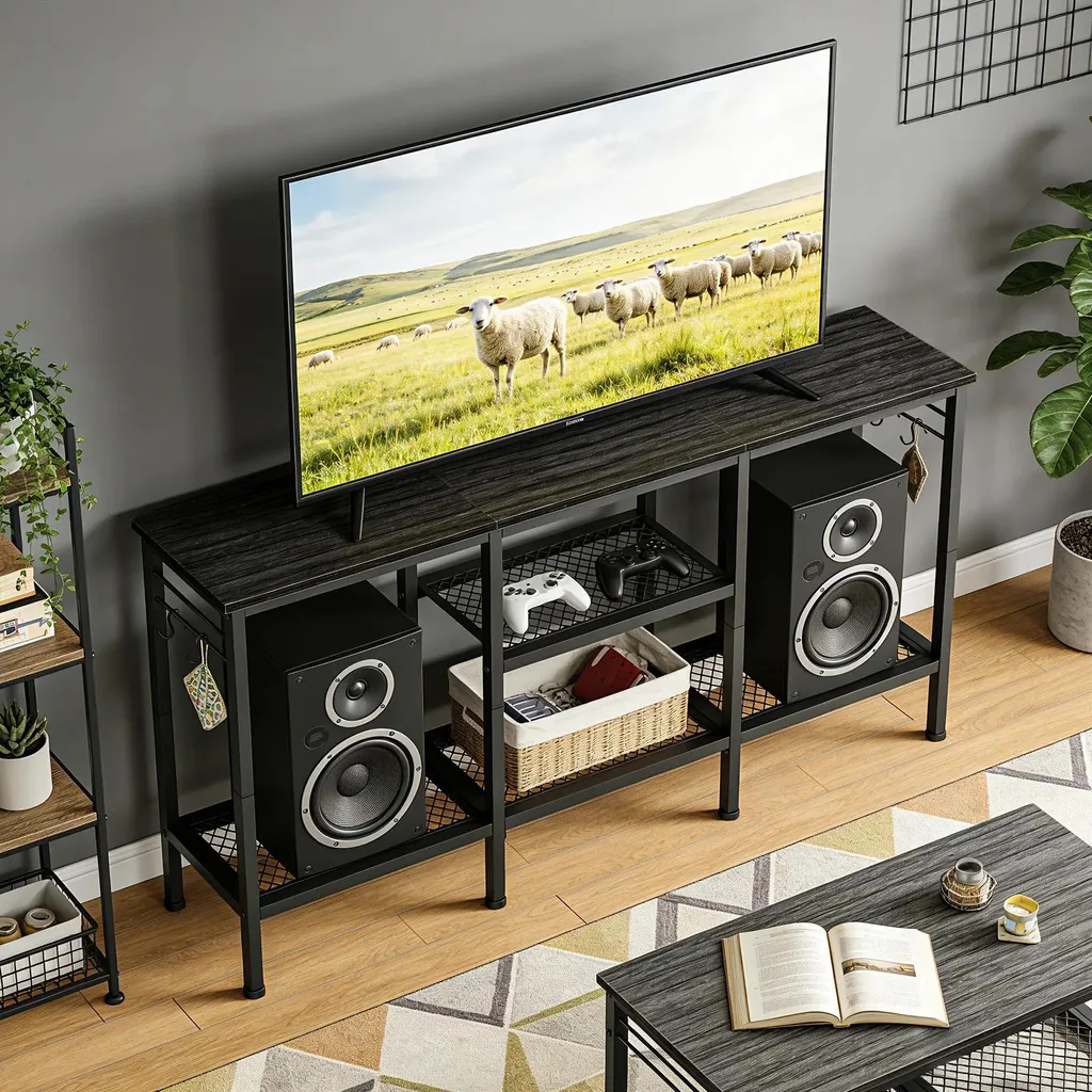 Meuble TV avec support barre de son intégré et structure métallique robuste