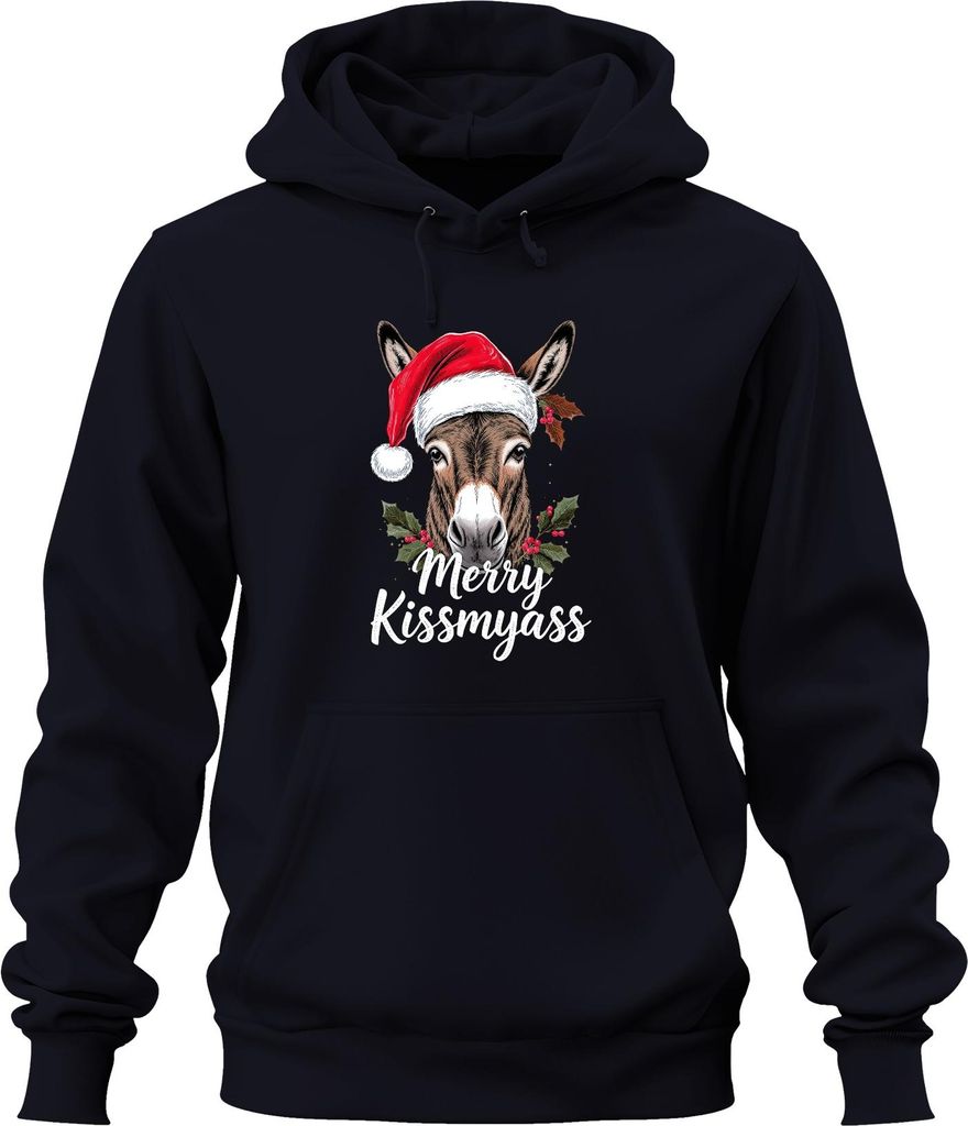 Merry Kissmyass lustiger Esel Weihnachtsesel Weihnachtsmütze Uni Hoodie Kapuzenpullover, Navy, XL