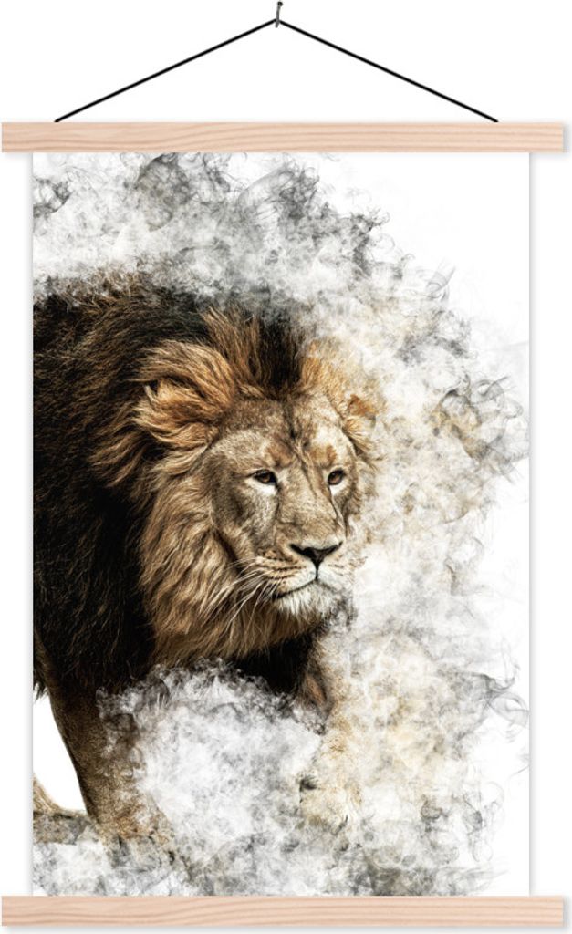 MuchoWow Textilposter Löwe - Rauch - Abstrakt 60x90 cm mit holzfarbenen Rahmen - Textil