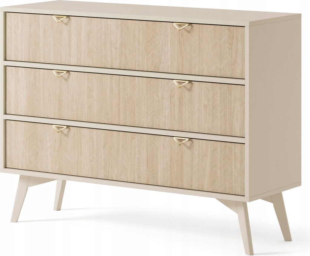 Kommode mit 3 Schubladen WOOD - Sideboard mit Beinen - Modern Design - Gold Aluminium Griffen - Beige
