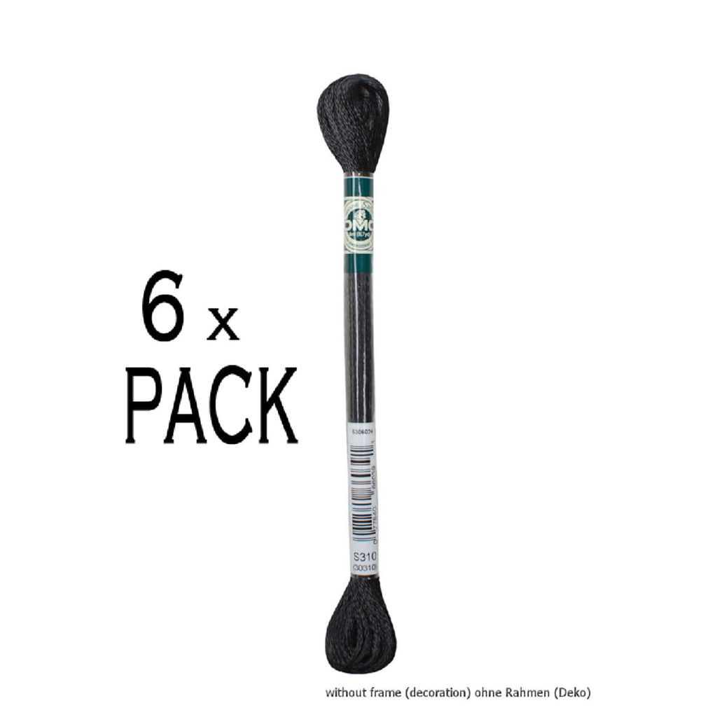 6x DMC Stickgarn Mouline Satin 1008F -310, 6-fädig, 8m, VPE