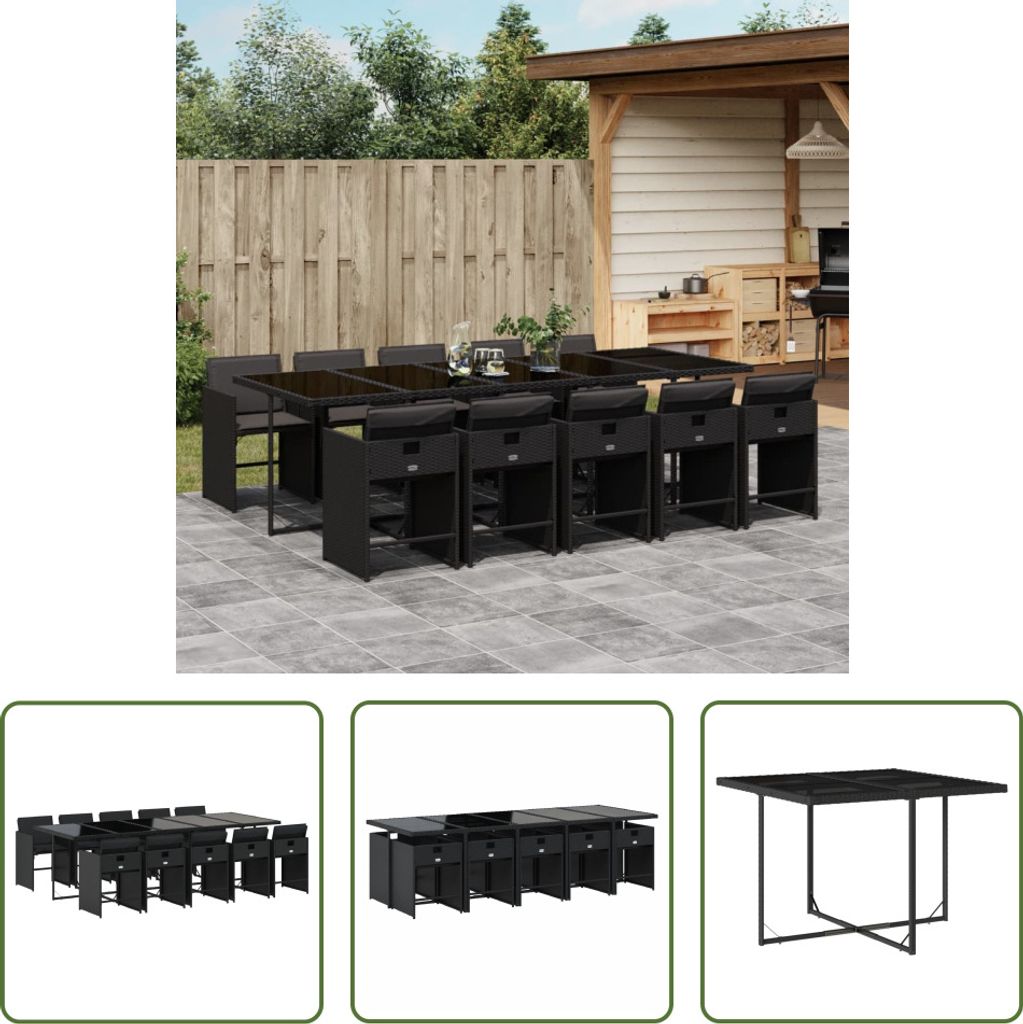 The Living Store 11-tlg. Garten-Essgruppe mit Kissen Schwarz Poly Rattan