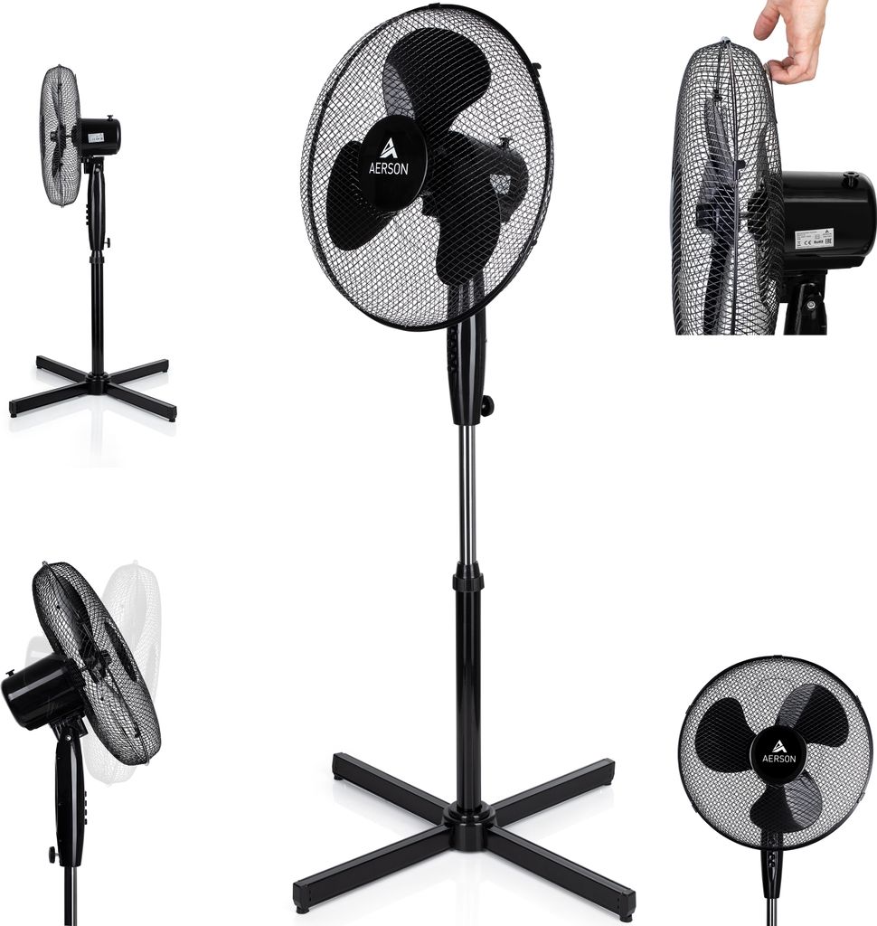 A collage of images showing a black oscillating stand fan from different angles.