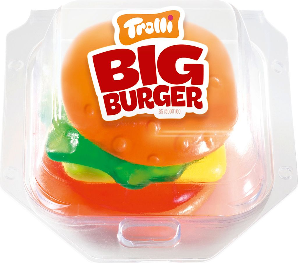 Trolli Big Burger aus fruchtig süßen Schaumzucker und Produktbild 