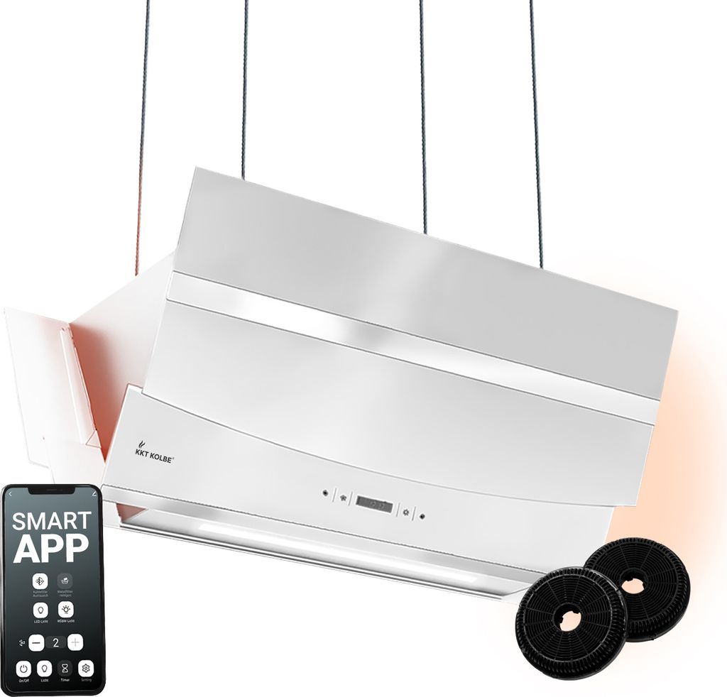 KKT KOLBE Dunstabzugshaube 90 cm | Kopffreie Inselhaube | Edelstahl | weißes Glas | WLAN | Nachlaufautomatik | RGBW-LED-Beleuchtung | SensorTouch ...