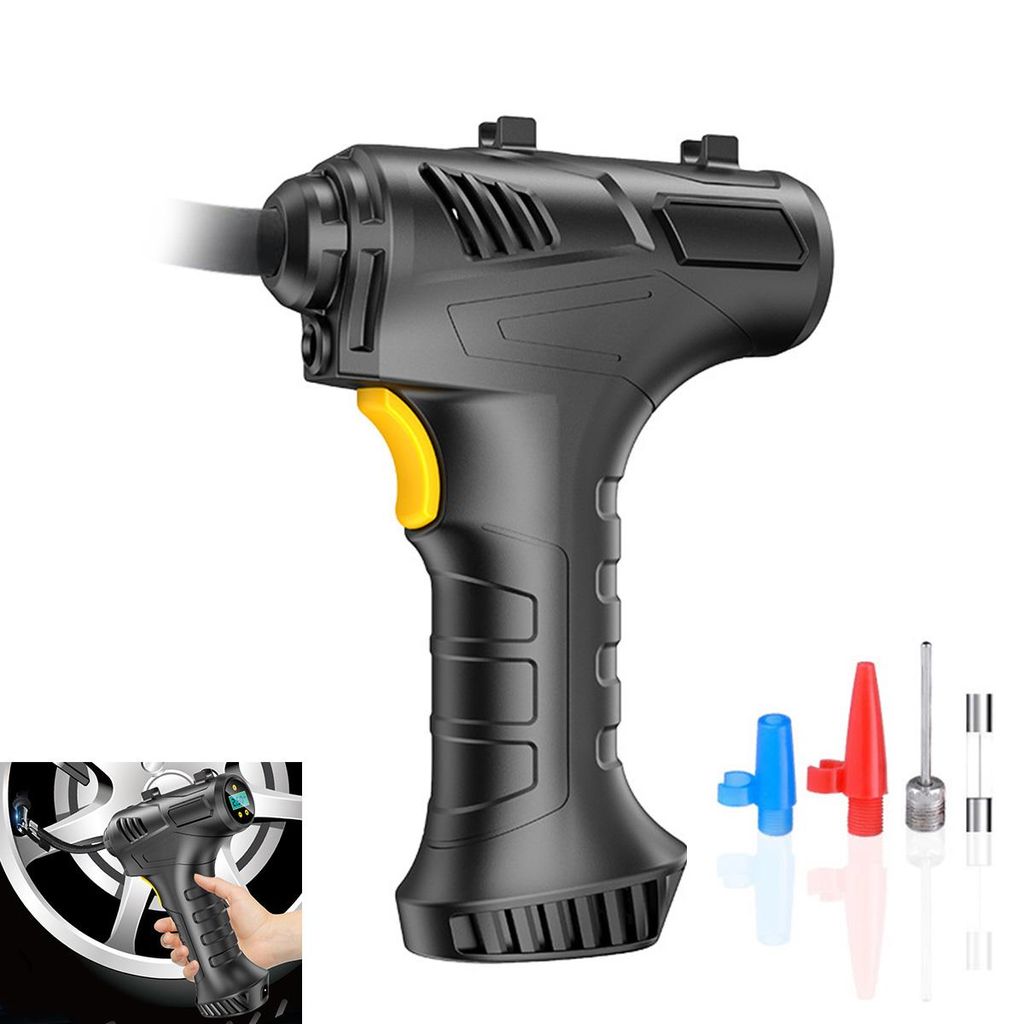 Elektrische Auto Luftpumpe Kabellos, 7,4 V, 120 W, LCD Display, LED Notlicht, Auto Abschaltung, Tragbar, Motorrad, Fahrrad, Reifenpumpe
