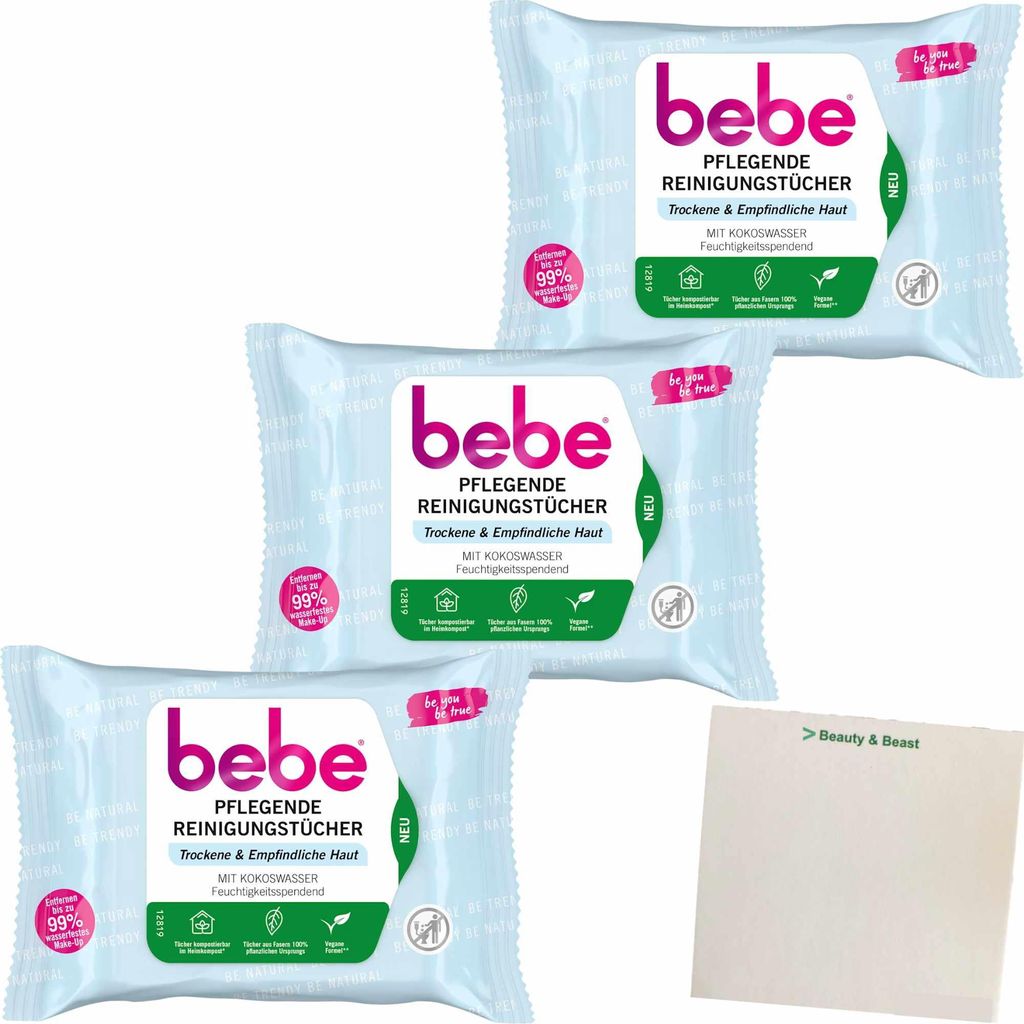 bebe Pflegende Reinigungstücher Trockene & Empfindliche Haut 3er Pack (3x 25Stk Packung) + usy Block