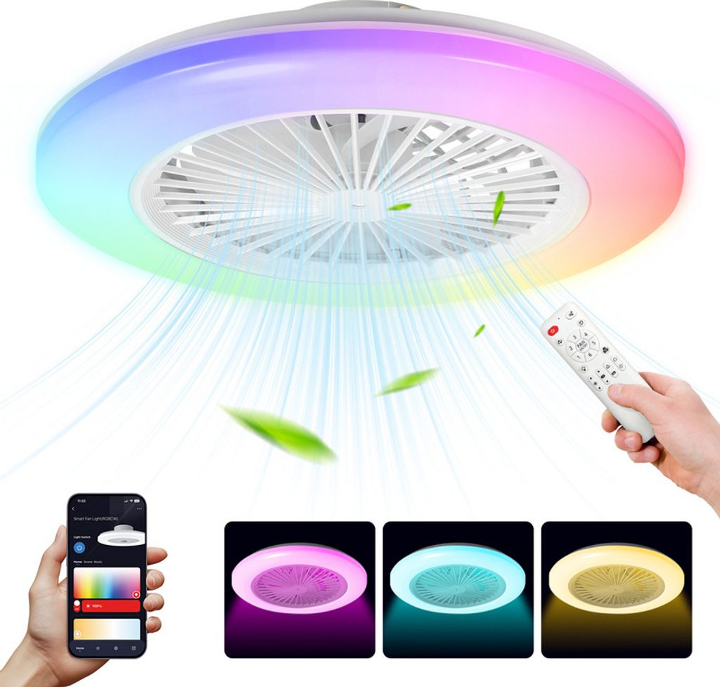 TolleTour RGB Deckenventilator mit LED Beleuchtung und Fernbedienung Ventilator Lüfter Deckenlampe Weiß