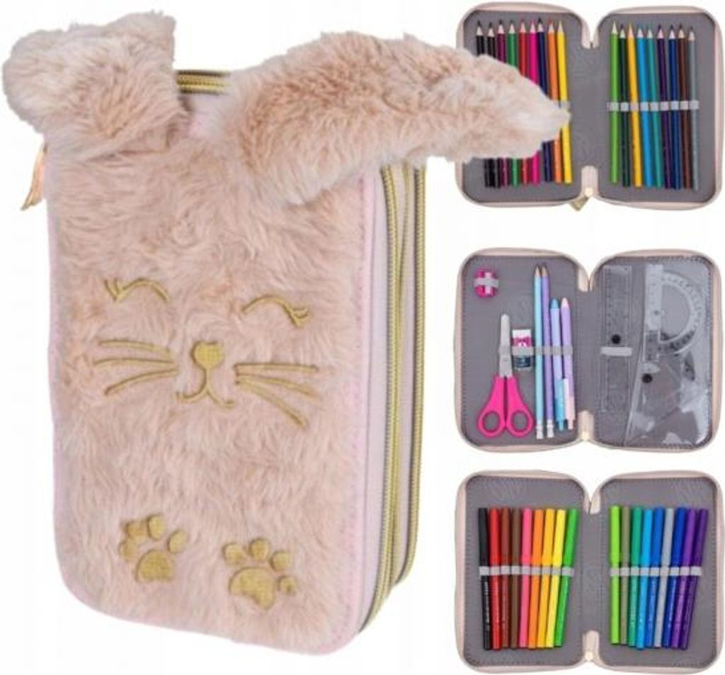 A collage of images showing a fluffy pink bunny-shaped pencil case and its contents, including colored pencils, markers, scissors, and a ruler.