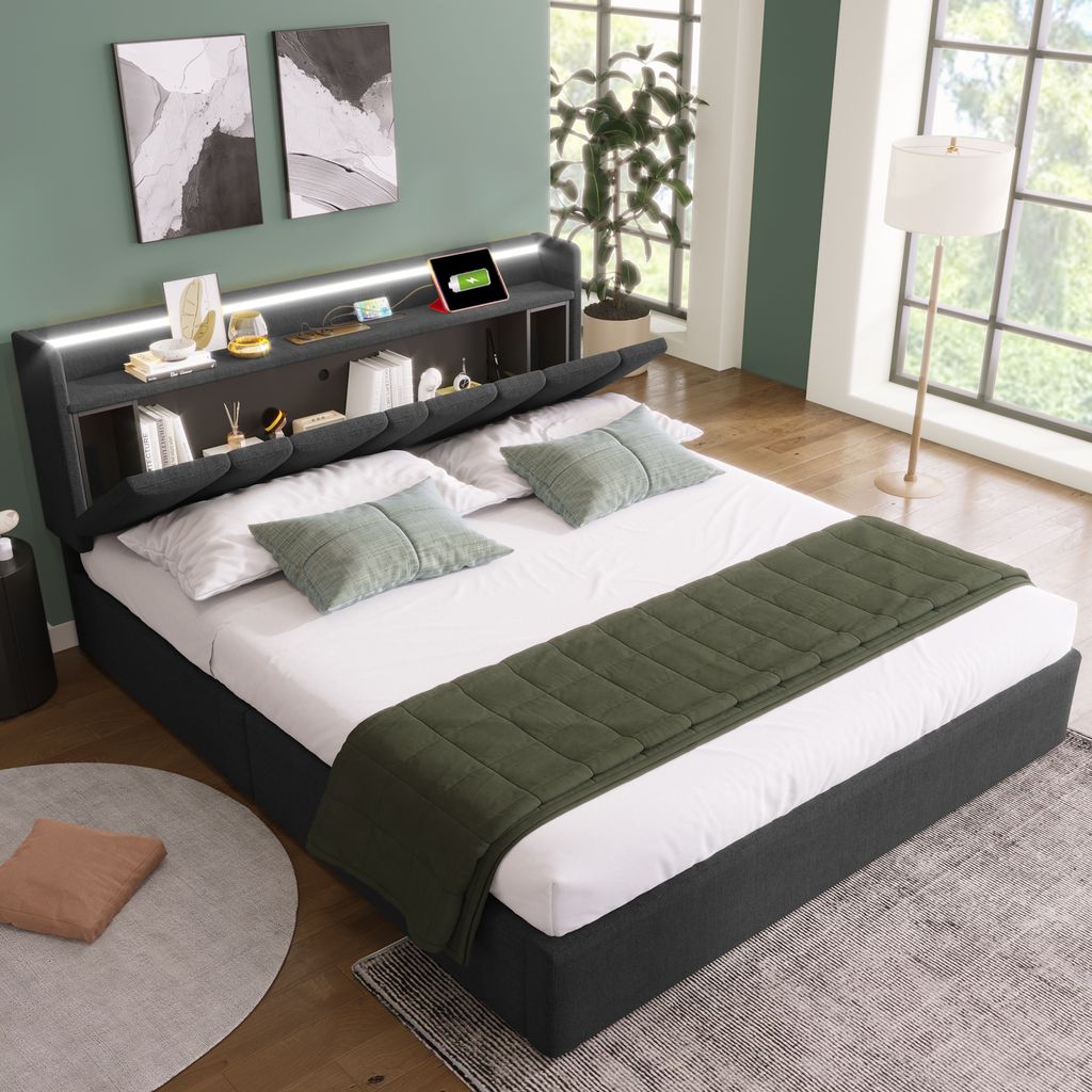 okwish Doppel-Polsterbett 140x200cm mit USB-Aufladung, Stauraum-Kopfteil und LED-Beleuchtung, Stauraum-Bettgestell, Holzlattenrost, Grau (mit Matra...