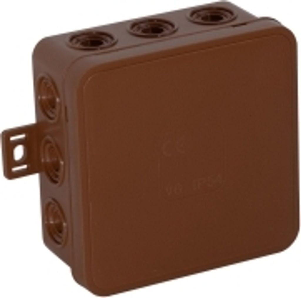 A brown electrical junction box with multiple entry points and a mounting bracket.