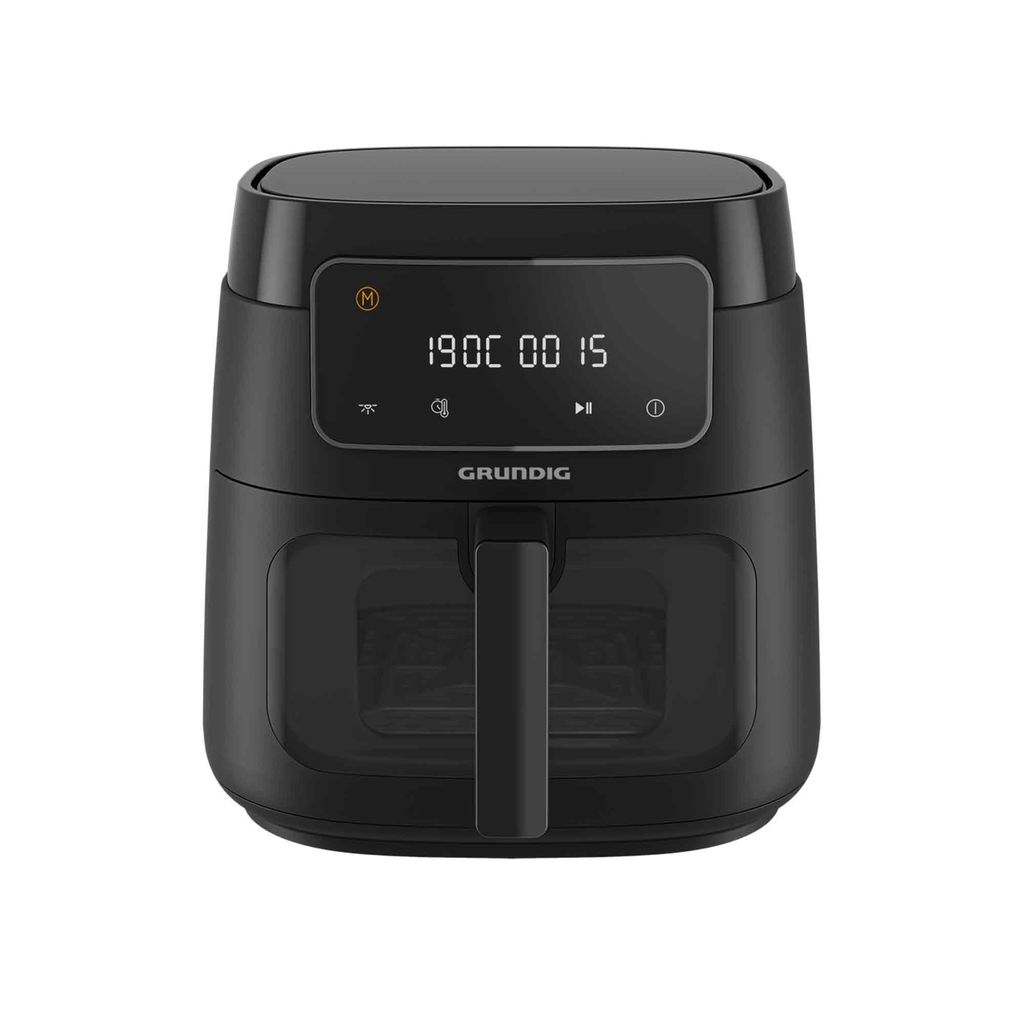 A black air fryer is shown from the front on a white background.