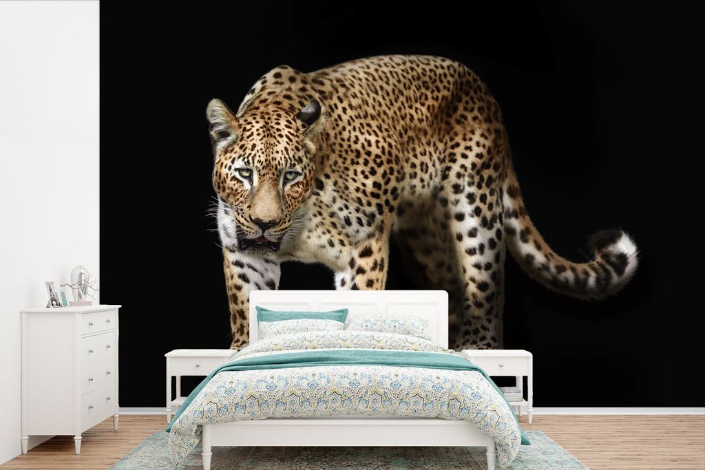 MuchoWow Fototapete für Wohnzimmer oder Schlafzimmer Wandtapete Vinyl Motivtapete Leopard - Wild - Schwarz - 330x220 cm - Fototapeten