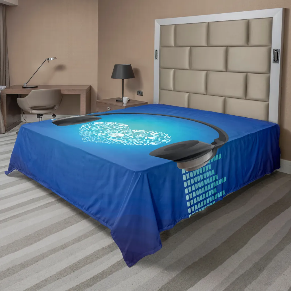 ABAKUHAUS Lenzuolo musicale, cuffie auricolari a forma di cuore, sfondo geometrico circolare, lenzuolo morbido e confortevole per un letto decorativo 1 pezzo 244 cm x 205 cm, blu reale e grigio