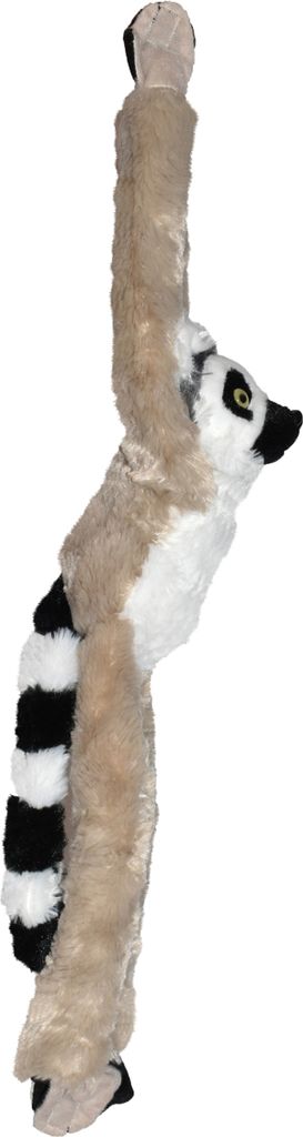A plush toy lemur hanging vertically against a white background.