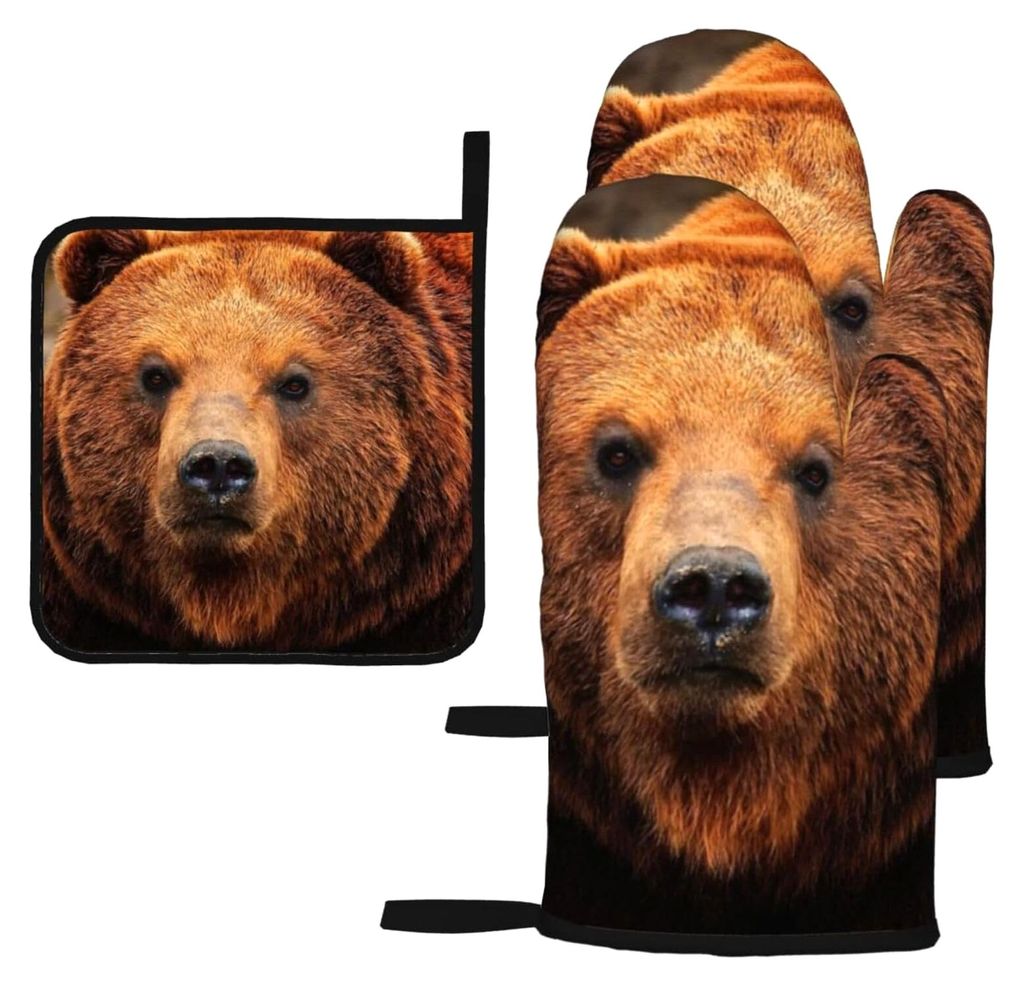 Grizzly Bear Ofenhandschuhe und Topflappen, hitzebeständig, 3-teiliges Set