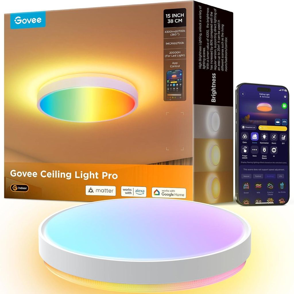 Govee Deckenlampe RGBIC, Smart LED Deckenleuchte 4300lm Kompatibel mit Matter, Alexa & Google Assistant, LED Lamp Dimmbar mit Hintergrundbeleuchtung