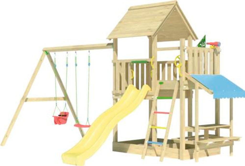 Doppelschaukel Spielhaus mit Stelzen Jungle Gym 476 x 306 cm Holz gelb