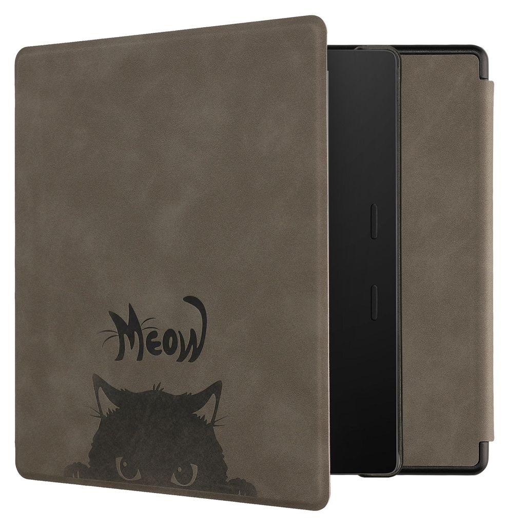 kwmobile Schutzhülle für Amazon Kindle Oasis 10. Generation Hülle - eReader Case aus Kunstleder mit Auto Sleep Funktion - Katze Meow mit Grau Sc...