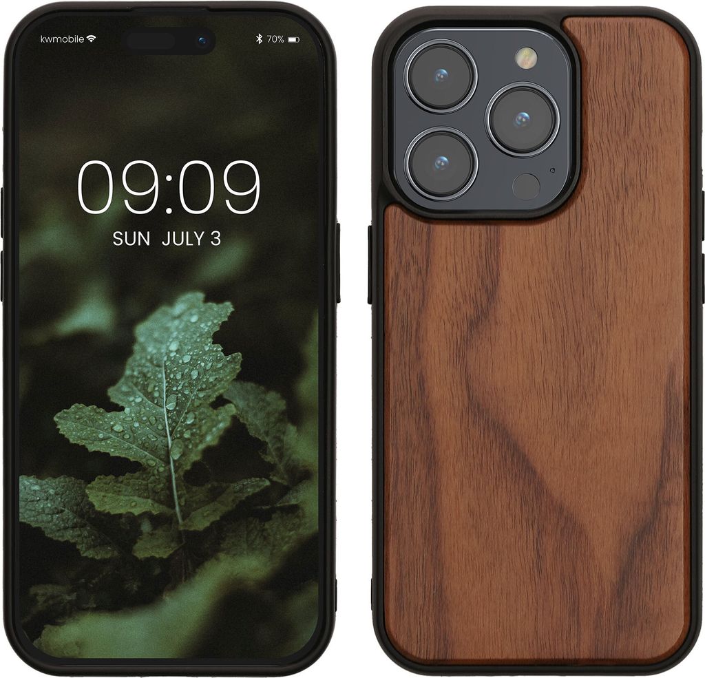 kwmobile Hülle kompatibel mit iPhone 15 Pro Hülle - Holz Case - stoßfestes Handy Cover - TPU Handyhülle in Dunkelbraun