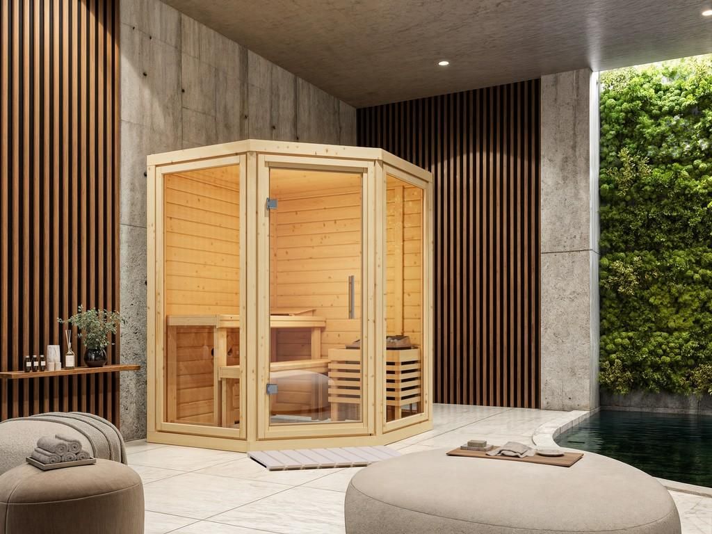 KARIBU Fichte Natur Innensauna Massivsauna Yalda mit Ganzglastür, 4 6 kW Saunaofen, Steuerelement, Aufguss Set, Sauna Interieur