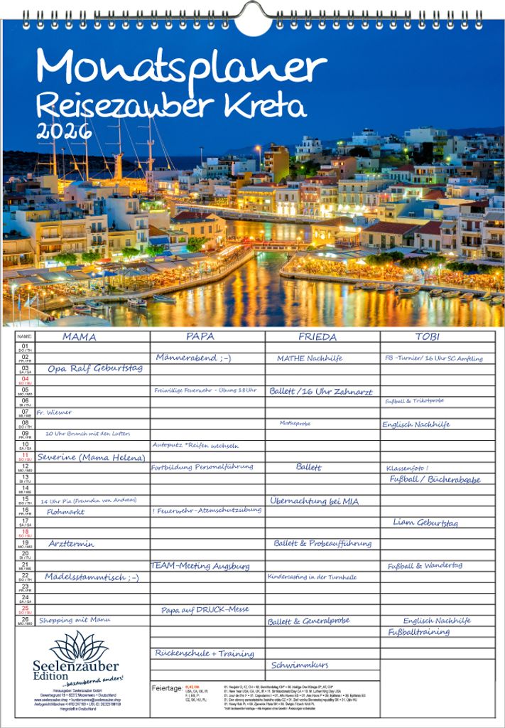Reisezauber Kreta Planer Familienplaner 4 Spaltenplaner DIN A3 Kalender für 2026 Heraklion Griechenland Strand Meer Urlaub - Seelenzauber