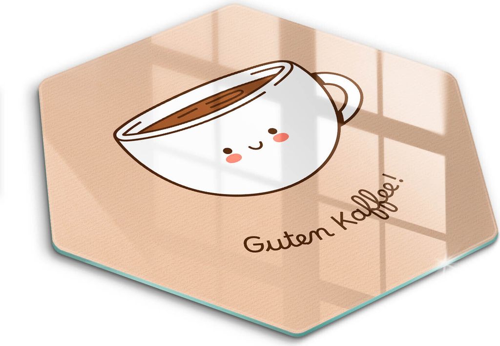 Glasschneideplatte - Herdabdeckplatte - Hexagon 40 cm - Schneidebrett - Spritzschutz - Motiv: Guten Kaffee!