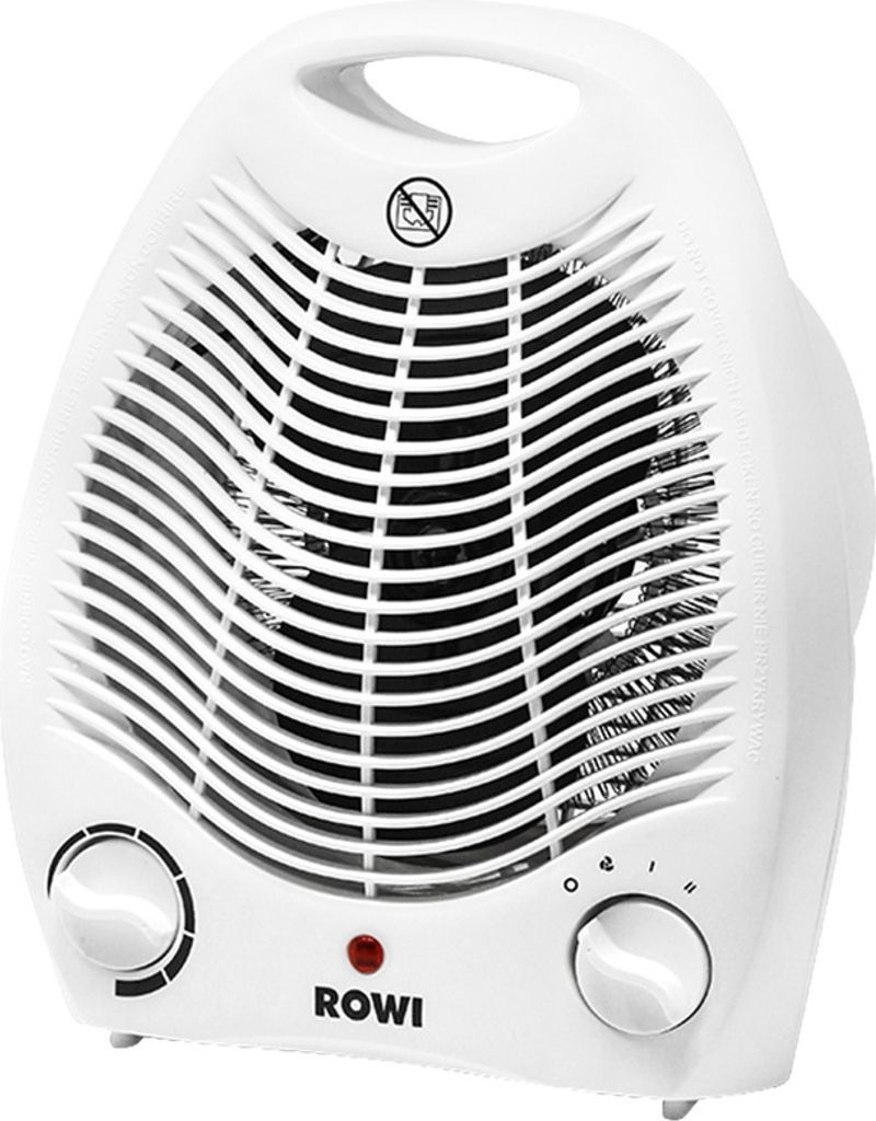 A white ROWI brand electric fan heater with two control knobs and a power indicator light.