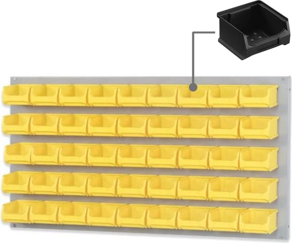 Trägersystem Graue Systemplatte mit 45x leitfähigen Sichtlagerboxen 1.0 | Maße HxB 50x100cm | Sichtlagerbox, Sichtlagerbehälter, Sichtlagerkasten