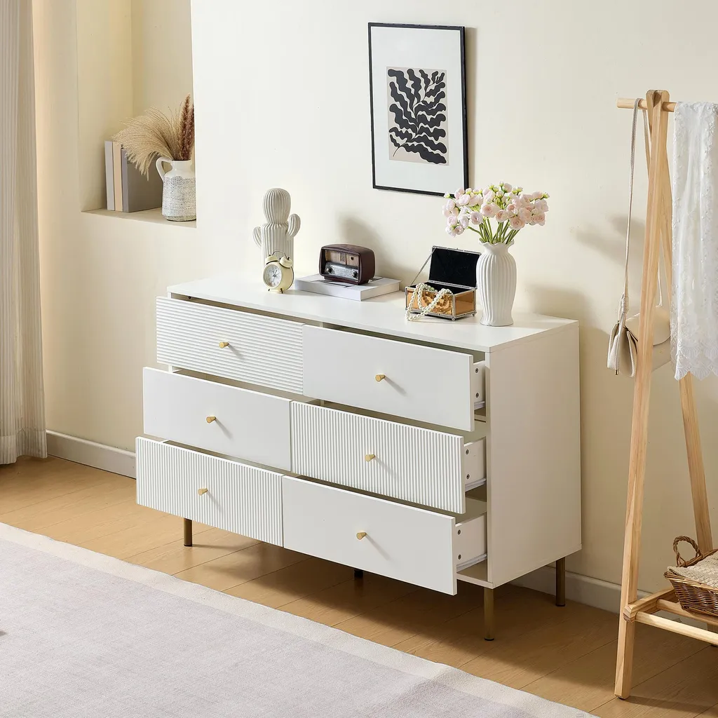 Meuble de Rangement Bas 6 Tiroirs Blanc - Commode Design pour Chambre
