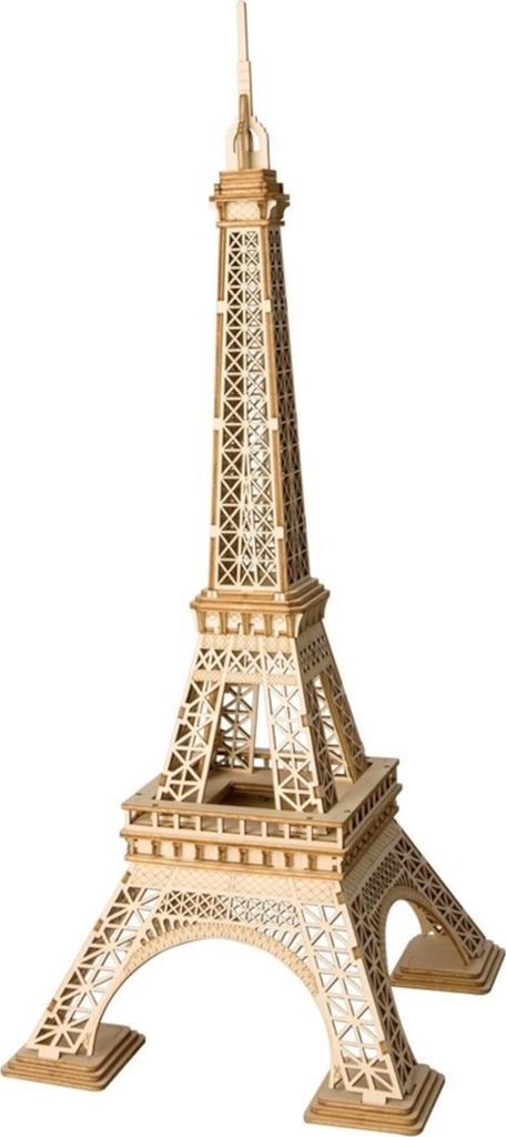 A 3D wooden model of the Eiffel Tower against a white background.