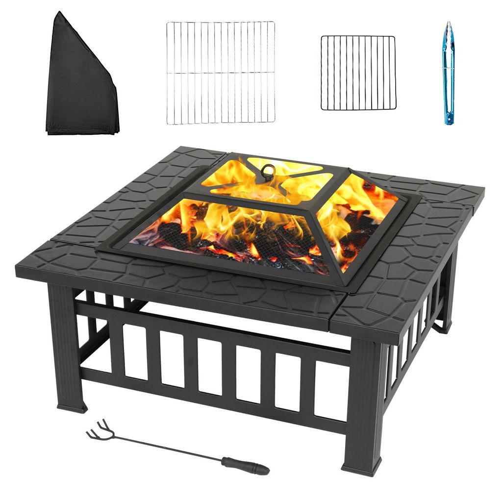 FCH Feuerstelle 82 x 82 x 52CM mit Grillrost & Grillzange Feuerschale,3in1 Multifunktional Fire Pit für Heizung/BBQ Grill, Garten Terrasse
