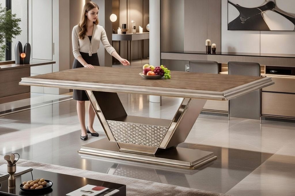 Esstisch im modernen Design mit Holz und goldenen Metallakzenten