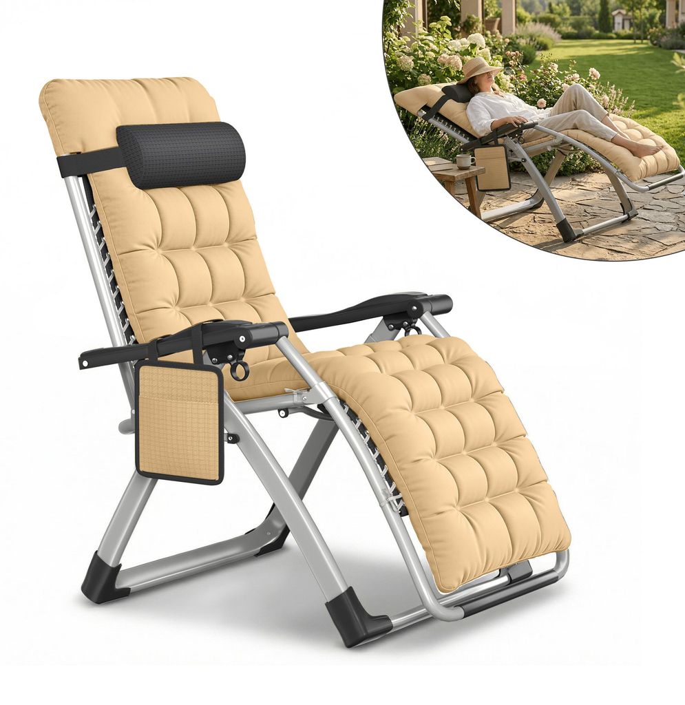 XMTECH Gartenliegestuhl klappbar mit Polster & Kopfkissen, 160kg belastbar, verstellbar 90–170°, Getränkehalter, wetterfest Stahl, Beige