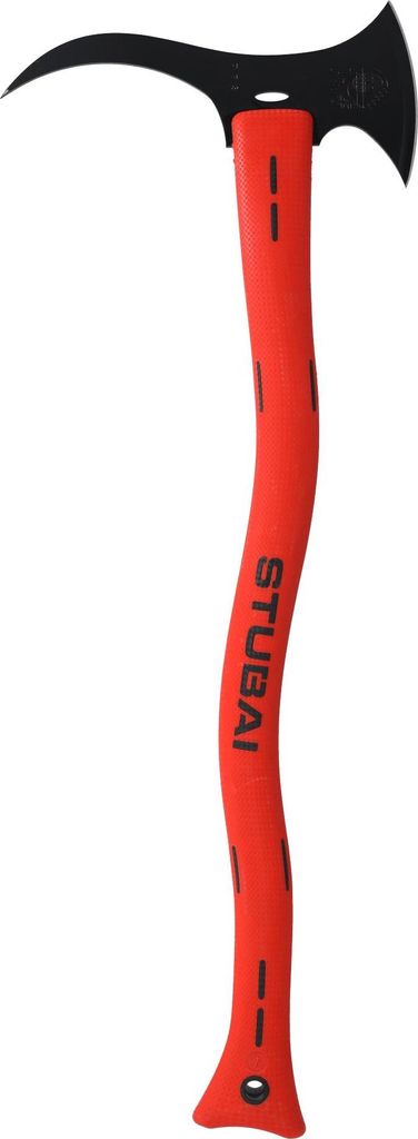 A red and black axe with a curved blade and a long, wavy handle, isolated on a white background.