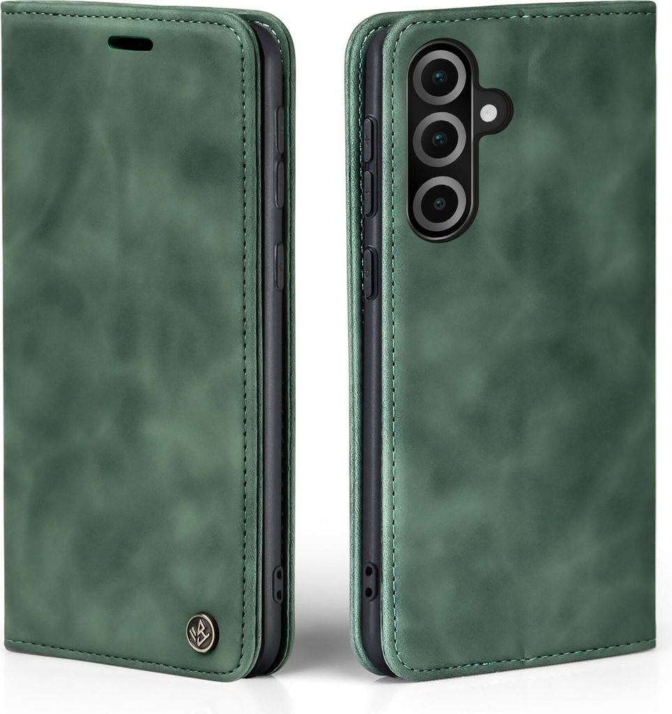 A green flip case for a smartphone is shown from two angles.
