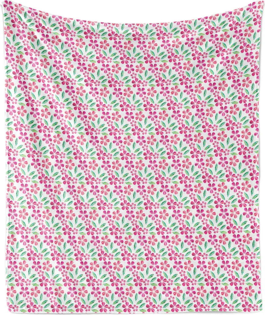 ABAKUHAUS Coperta in morbido pile di flanella con motivo floreale, petali e foglie a mosaico, 175 x 230 cm, magenta, verde, bianco