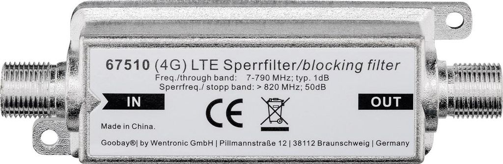 LTE/4G Sperrfilter, F-Buchse auf F-Buchse für störungsfreien DVB-T- / DVB-T2-HD-Empfang