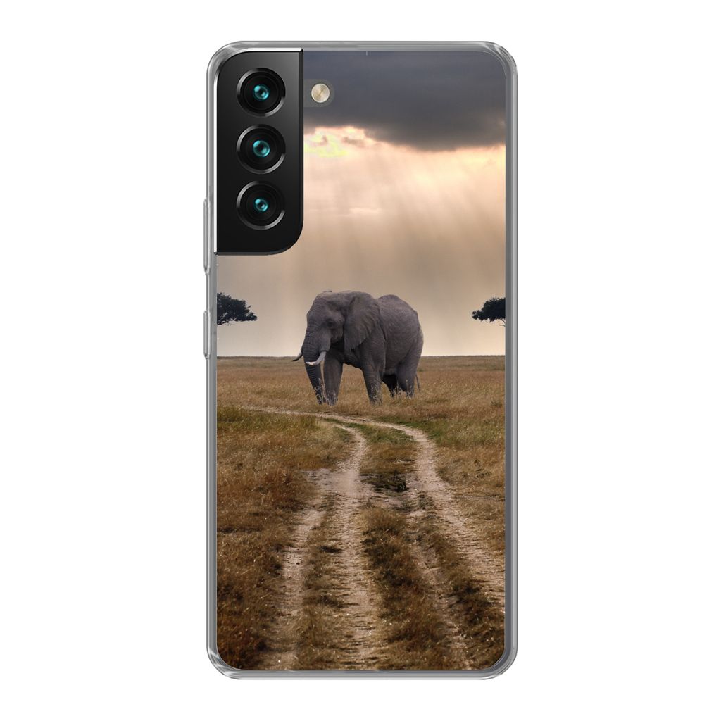 MuchoWow Handyhülle Schutzhülle Hülle für Samsung Galaxy S22 Elefant - Tiere - Wiese - Sonne Silikon Softcase Handy Hülle - Mobiltelefonhülle
