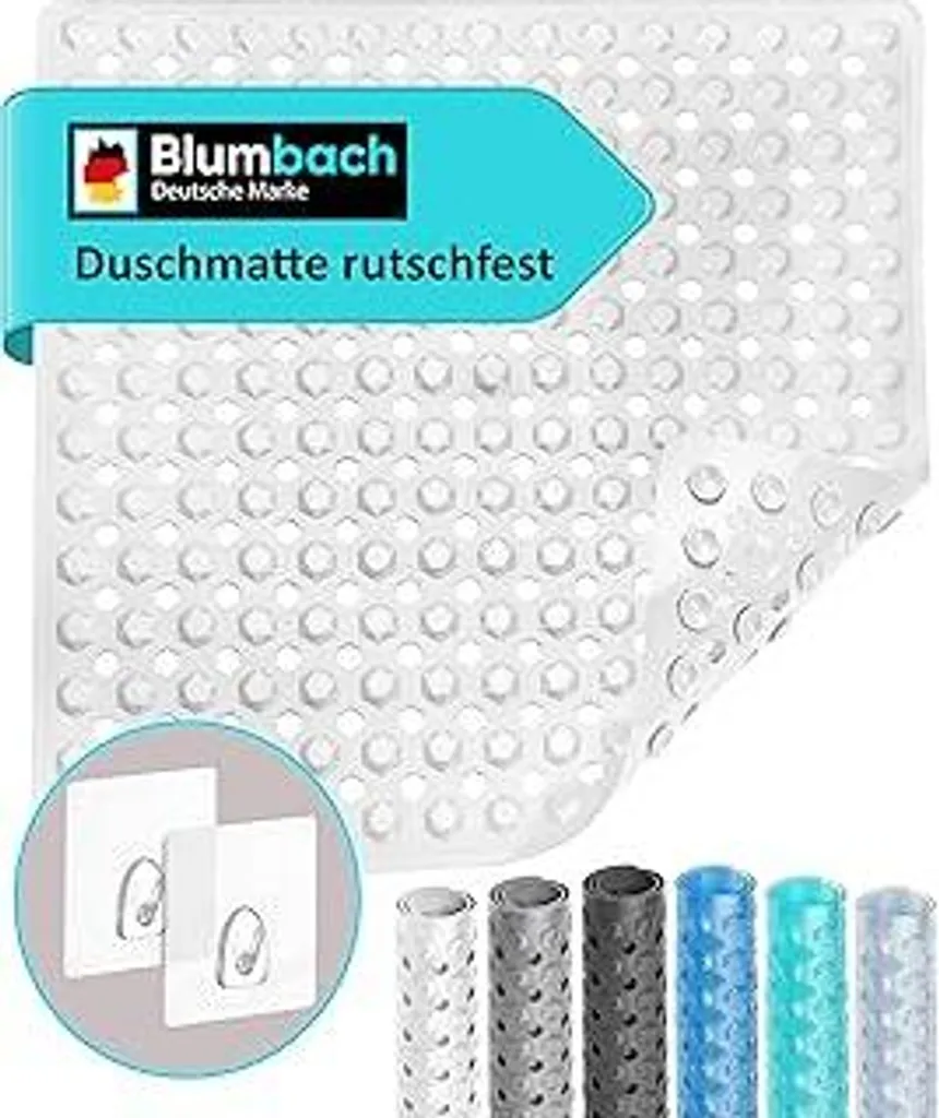Tappetino doccia antiscivolo Blumbach 53x53 cm - 100% senza BPA - Incl. 2 ganci per appenderlo - tappetino antiscivolo antiscivolo per doccia e vasca da bagno, tappetino doccia, tappetino antiscivolo resistente alla muffa e lavabile in lavatrice