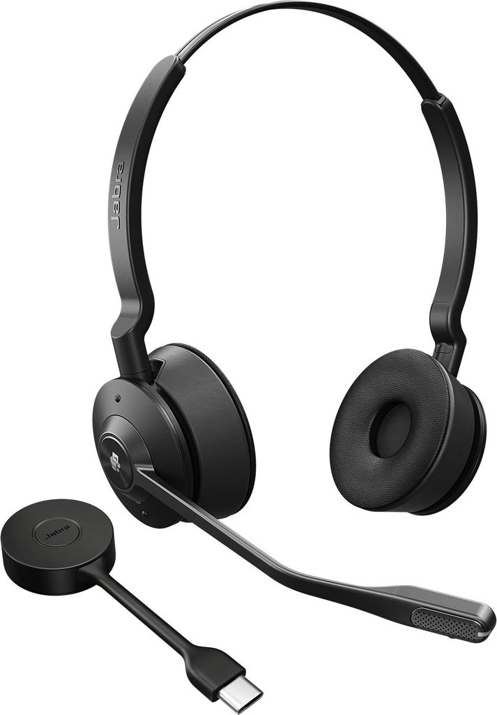 A black Jabra Engage 55 Stereo headset with a USB-C dongle is displayed against a white background.