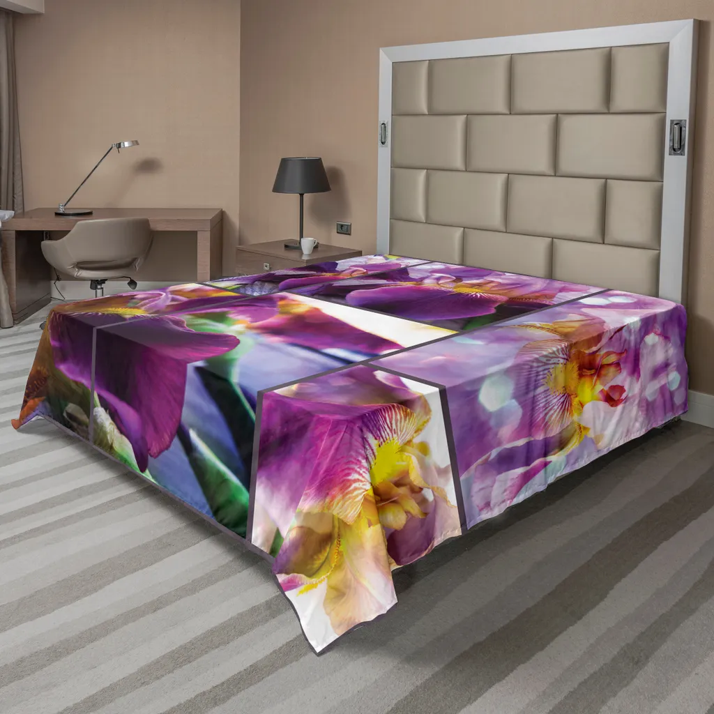 Drap de lit plat ABAKUHAUS motif iris et orchidées rustique 266x260 cm