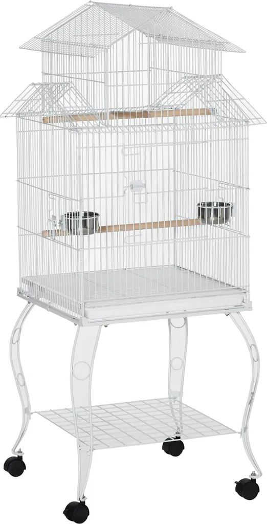 Cage oiseaux avec plateau amovible et roulettes, structure acier 137cm