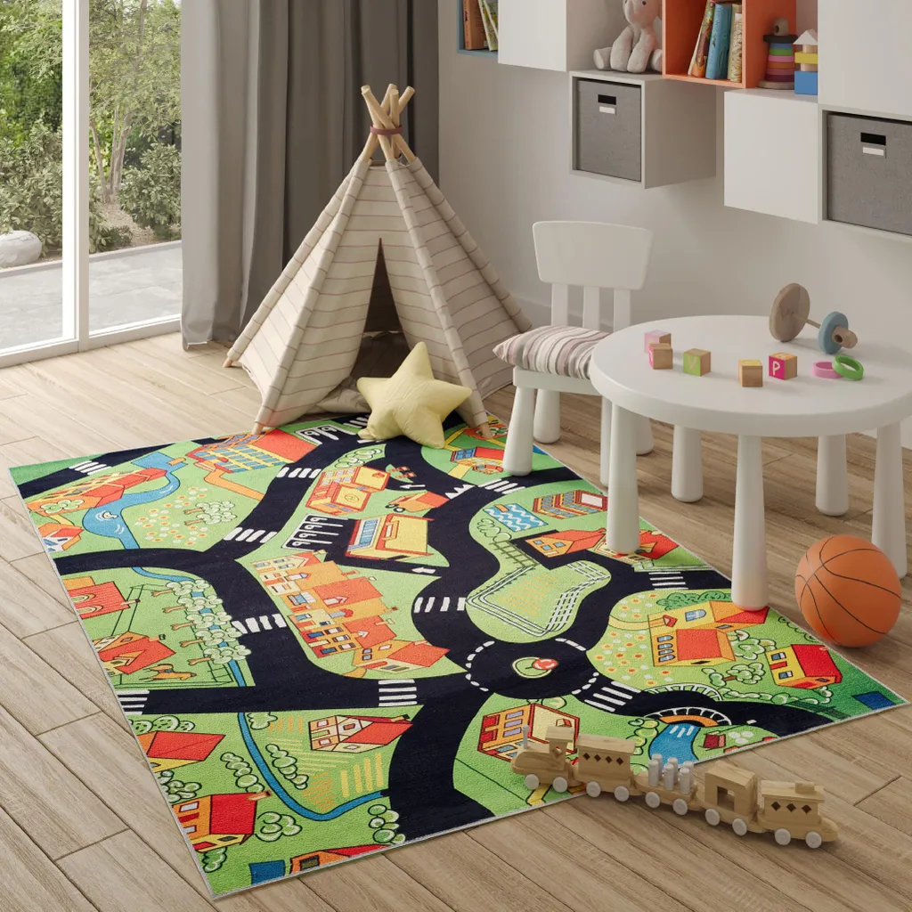 Tapis chambre enfant Rue Vert et Gris 160 x 230 cm - Idéal aire de jeux