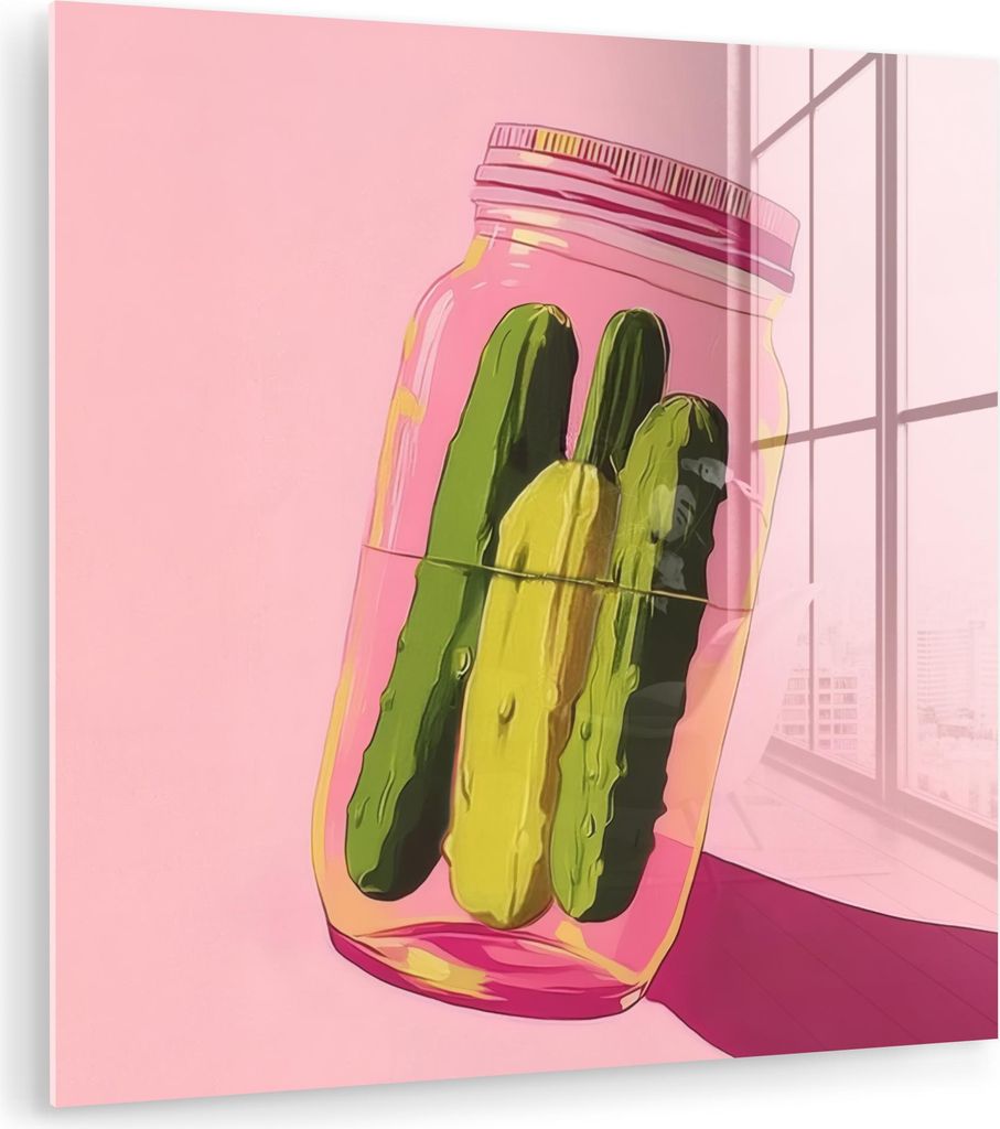 MuchoWow Glasbilder - Bilder auf Wandbild - Foto auf Glas Gewürzgurken - Topf - Farbton - Rosa 30x30 cm Wanddekoration aus Glas - Acrylglasbild - ...