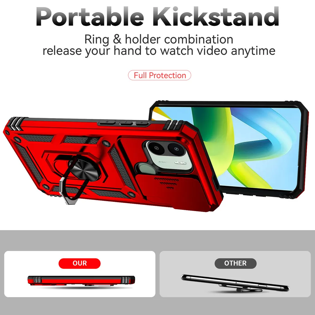 Cover Armor COMAKU Per Xiaomi Redmi A1 - Custodia TPU+PC Antiurto Con Porta Carte Scorrevole E Anello Supporto Magnetico (Blu)