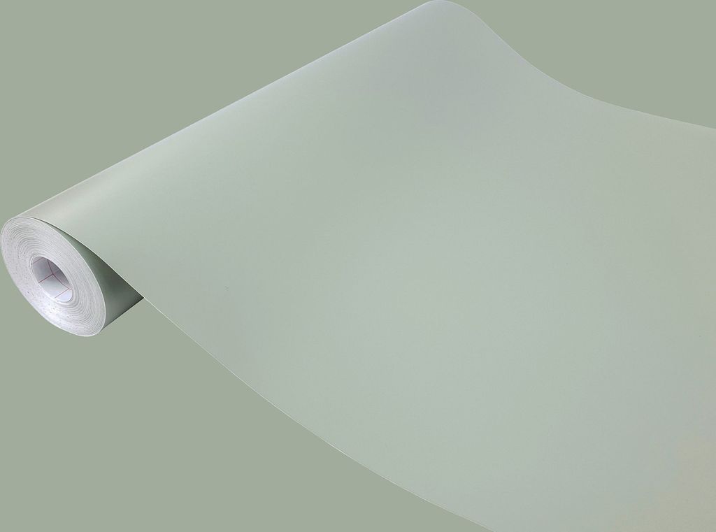 A roll of light green wallpaper is shown diagonally against a plain light green background.
